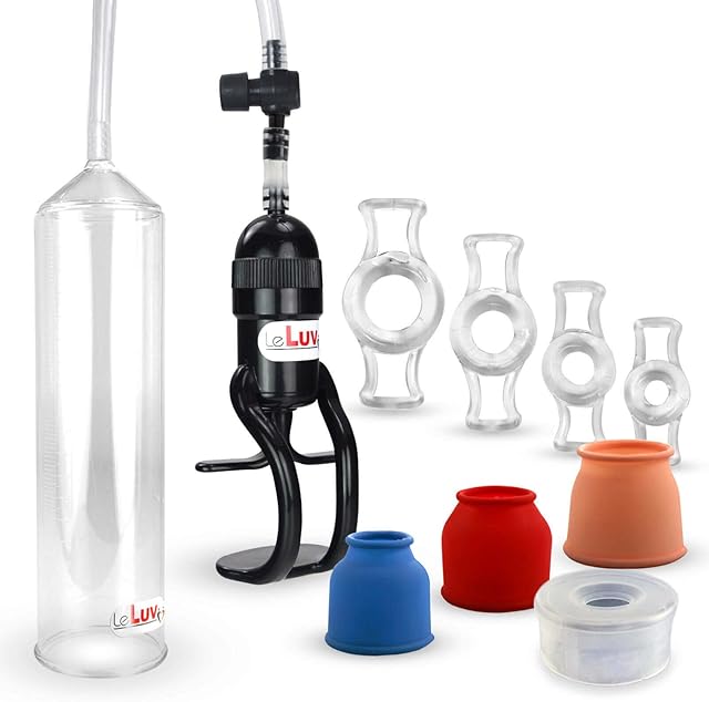 LeLuv Vacuum Pump Easyop ZGrip Handle Natural Male Enhancement Bundle with 3 Cylinder Seal Sizes and Clear Sleeves and 4 Clear 4 Constriction Rings