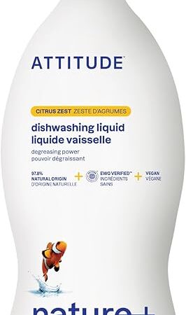 ATTITUDE Dish Soap, EWG Verified, Plant-Based & Vegan Dishwashing Liquid, Naturally Derived, Citrus Zest, 237 Fl Oz