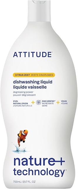 ATTITUDE Dish Soap, EWG Verified, Plant-Based & Vegan Dishwashing Liquid, Naturally Derived, Citrus Zest, 237 Fl Oz