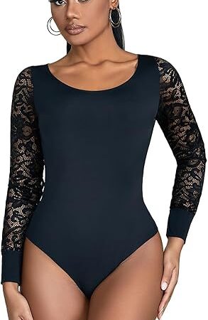 Women Plus Size Floral Lace Long Sleeve Bodysuit Crew Neck Thong Bodysuit Top Sexy Sheer Mesh Clubwear Leoterd