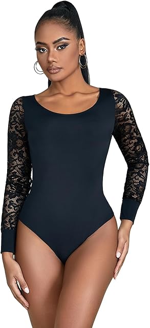 Women Plus Size Floral Lace Long Sleeve Bodysuit Crew Neck Thong Bodysuit Top Sexy Sheer Mesh Clubwear Leoterd