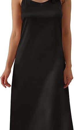 Women's Basic Satin Silky Full Slip Midi Loose Dress with V-Neck Sexy Cami Adjustable Strap Wear Nightgown Dresses