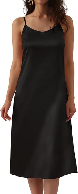 Women's Basic Satin Silky Full Slip Midi Loose Dress with V-Neck Sexy Cami Adjustable Strap Wear Nightgown Dresses
