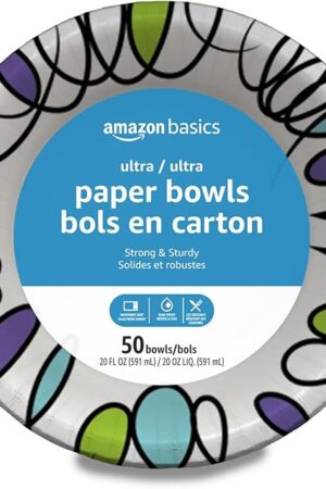 Amazon Basics Ultra Paper Bowls, 20 Oz, Disposable, 50 Count, White (1 pack of 50)