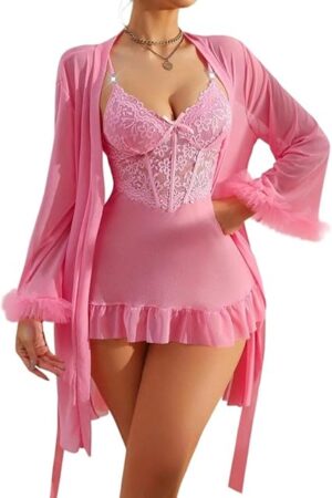 Womens Lingerie Sexy Full Slip Chemise Sheer Long Sleeve Cardigan Pajama Sets Lace Short Dress Boudoir Lingeries