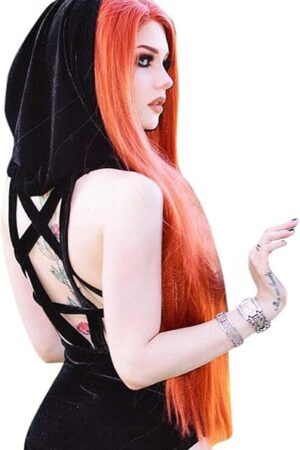 Women Sexy Rave Pentagram Bodysuit Jumpsuit Hood Hoodie Festival Clothing Romper for Dance Party Clubwear