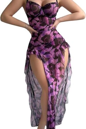 Women's 2 Piece Floral Lingerie Set Ruffle Thigh Slit Maxi Chemise Nightgowns with Thong