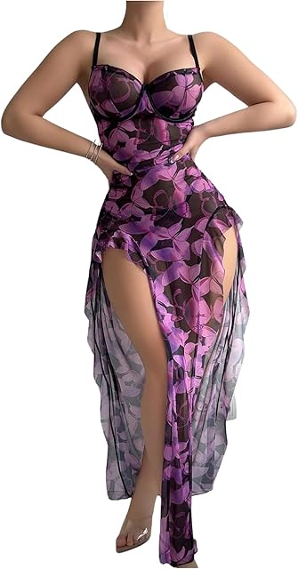 Women's 2 Piece Floral Lingerie Set Ruffle Thigh Slit Maxi Chemise Nightgowns with Thong