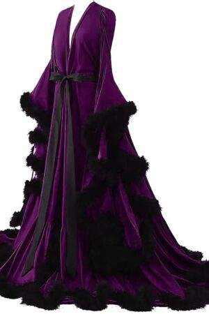 Womens Sexy Feather Bridal Robes Silk Satin Long Nightgown Bathrobe Sleepwear Maternity Robe for Photoshoot