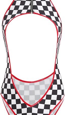 Womens Classic Plaid Checkerboard Bodysuit Sleeveless Halter Hollow Out Race Queen Leotard Lingerie