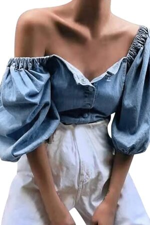 Women's Off Shoulder Bubble Sleeved Denim Casual Sexy Casual Jacket Top Lingerie for Plus Size