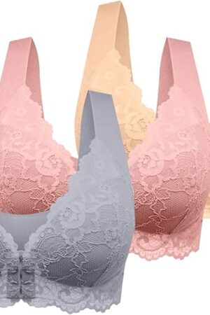 Bras for Women No Underwire Full Support Seamless Front Closure Lace Push Up Soft Breathable Wide Strap