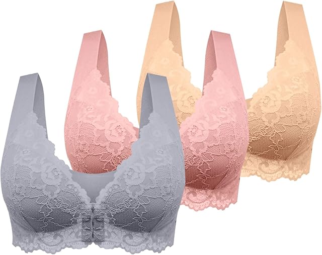 Bras for Women No Underwire Full Support Seamless Front Closure Lace Push Up Soft Breathable Wide Strap