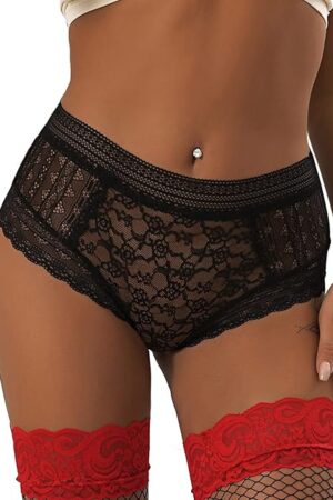 Women's Sexy Floral Lace Panties High Waisted Plus Size Ladies Soft Full Briefs Black