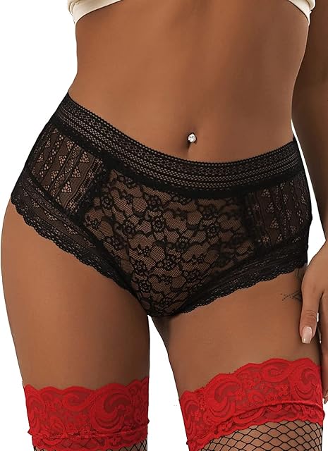 Women's Sexy Floral Lace Panties High Waisted Plus Size Ladies Soft Full Briefs Black