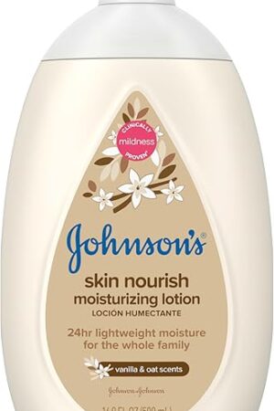 Johnson's Skin Nourish Moisturizing Baby Lotion for Dry Skin with Vanilla & Oat Scents, Gentle & Lightweight Body Lotion for the Whole Family, Hypoallergenic, Dye-Free, 169 fl oz