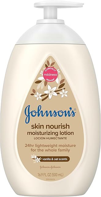 Johnson's Skin Nourish Moisturizing Baby Lotion for Dry Skin with Vanilla & Oat Scents, Gentle & Lightweight Body Lotion for the Whole Family, Hypoallergenic, Dye-Free, 169 fl oz
