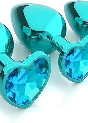 3 Pcs Metal Jeweled Butt Plug Set  Colorful Heart Shaped Anal Trainer Kit for Beginner, Women, Men, Couples  G Spot Adult Sex Toys, Luxury Anal Beads for S&M and Gay Play(Blue)