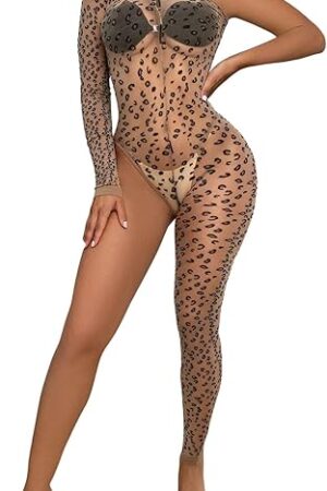 Women's Leopard Pattern Lace Bodycon Bodysuit Women's Mesh Bodystocking Slim Fit Club Wear Party Dresses