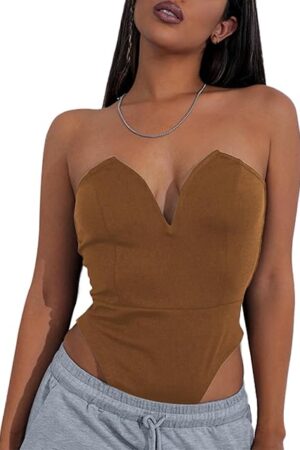 Womens Sexy Sweetheart Sleeveless Tube Tops Strapless Bustier Corset Leotard Bodysuit Top Brown Medium