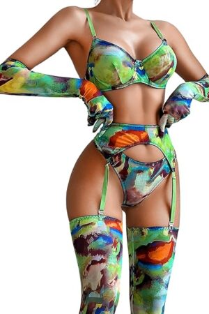 Women's Graphic Print Rave Outfits, Gloves & Stockings 5Pc Sexy Set