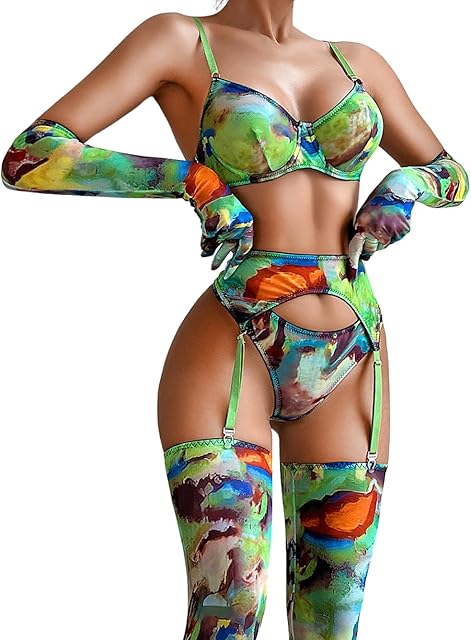 Women's Graphic Print Rave Outfits, Gloves & Stockings 5Pc Sexy Set