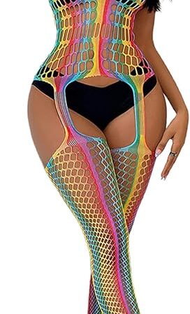 Womens Sexy Lingerie Fishnet Teddy Bodysuit Rainbow Hollow Out Babydoll Chemise Dress Nightwear