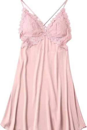 Women Lingerie Satin Lace Chemise Nightgown Sexy Full Slips V-Neck Sleepwear with Build-in Bra
