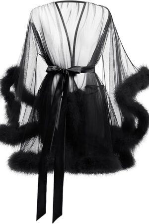 Womens Sheer Tulle Robe Sexy Feather See-Through Mesh Lingerie Kimono Dressing Gown Illusion Nightdress Bathrobe