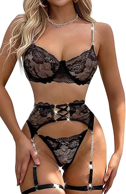 Women Lingerie Sets With Garter Belt,Sexy Transparent Bra and Panty Sets,Elegant Women's Underwear