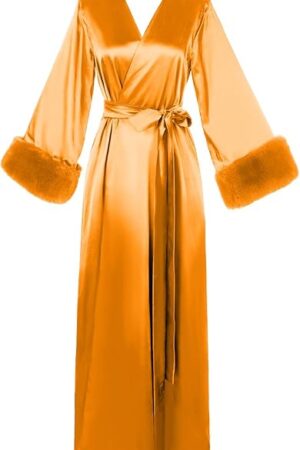 Women's Silk Satin Bridal Dressing Gown Sexy Lingerie Sleepwear Feather Bridal Robes for Women