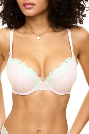 Audrina Plunge Push Up Bra - 30A-38DD Underwire Bra for Women with Lace Bow Detail & Adjustable Straps