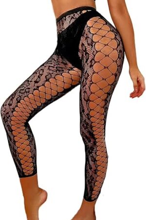 Footless Fishnet Stockings Patterned High Waist Tights Leopard Print Lingerie Side Cut Out