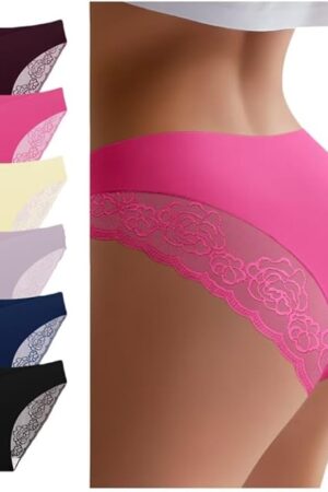 6 Pack Seamless Cheeky Underwear for Women Sexy Rose Lace V-waist No Show Bikini Panties Invisibles Hipster