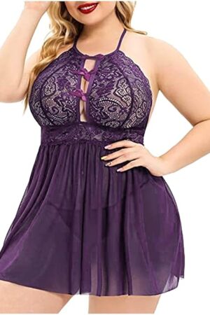 Women's Plus Size Mesh Sleepwear Solid Color Hollow Out Corset Lingerie Sexy See Through Backless Cami Bodysuits