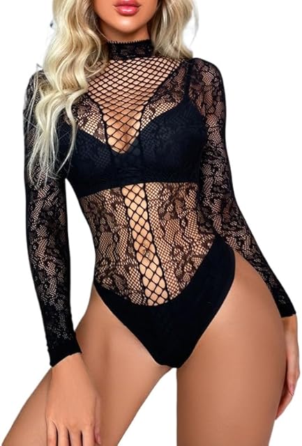 Women Sexy Fishnet Bodystocking Lingerie Long Sleeve Mesh Drees Set Sexy Lingerie Bodysuit Perspective Bikini Set Halloween