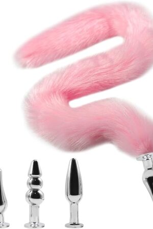31.49 Inch Extra Long Fox Tail Anal Plugs with 3 Interchangeable Metal Anal Plugs Sexy Butt Plug Tail Anal Trainer for Men Women Couples Cosplay Cosplay Tail Toys Anal Butt Plug Sex Toys (Pink)