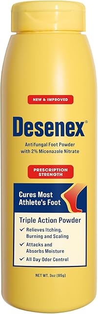 Desenex Anti-Fungal Foot Powder, Cures Most Athlete?s Foot, 2% Miconazole Nitrate, Helps Relieve Itching, Burning and Scaling, Attacks and Absorbs Moisture, 3oz Bottle