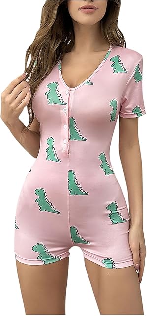 Women's One Piece Bodysuit Sexy Thin V-neck Dinosaur Print Button Bodycon Pajamas Rompers Onesie for Women