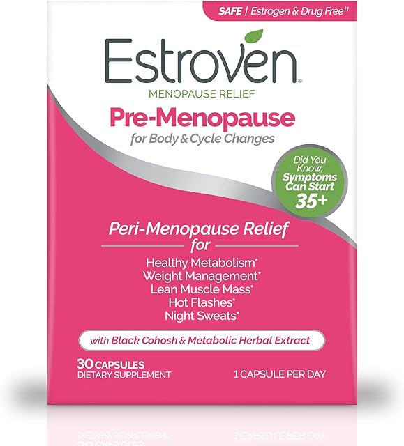Estroven Pre-Menopause Relief, 30 Ct, Clinically Proven Ingredients, Provides Menopause Relief plus Night Sweats & Hot Flash Relief, Drug-Free or Estrogen Free