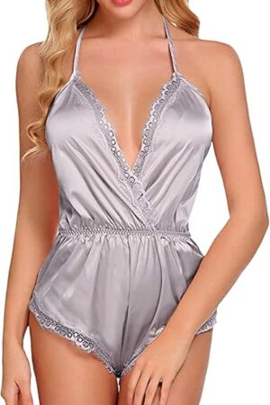 Womens Lingerie V Neck Teddy Lace Sexy Sling Bodysuit Trim Satin Pajamas Nightwear (Small,Grey)