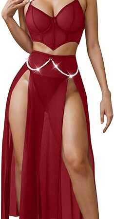 Women Lingerie Deep V Neck Nightwear Two Piece Sexy Nightgowns Mosaic Lace Dress Perspective Nightgown Underwear Set