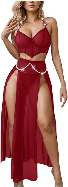 Women Lingerie Deep V Neck Nightwear Two Piece Sexy Nightgowns Mosaic Lace Dress Perspective Nightgown Underwear Set