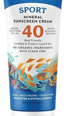 Badger Reef Safe Sunscreen, Unscented SPF 40 Sport Mineral Sunscreen, 98% Organic, Water Resistant Zinc, Approved for Hawaii & Mexico Reefs, 29 fl oz