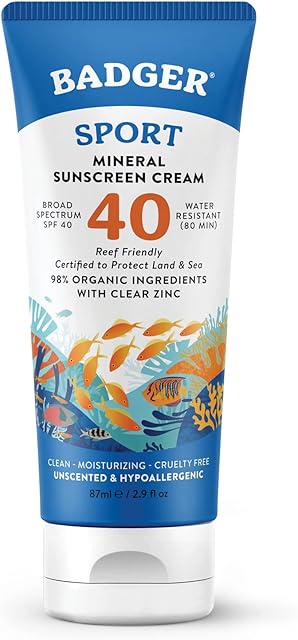 Badger Reef Safe Sunscreen, Unscented SPF 40 Sport Mineral Sunscreen, 98% Organic, Water Resistant Zinc, Approved for Hawaii & Mexico Reefs, 29 fl oz