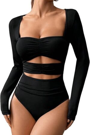 Women's Sexy Cut Out Sweetheart Neck Bodysuit Long Sleeve Ruched Skinny One Piece Shapewear