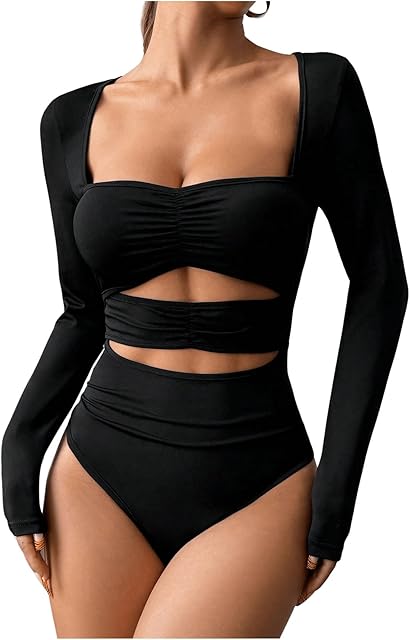 Women's Sexy Cut Out Sweetheart Neck Bodysuit Long Sleeve Ruched Skinny One Piece Shapewear