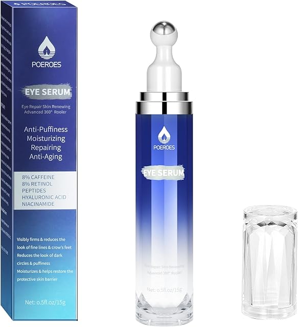 Eye Serum with 8% Caffeine 8% Retinol Hyaluronic Acid Niacinamide peptides for Puffy Bags Fine Lines Dark Circles Wrinkles, Under Eye Cream with 360? Roller Massage Ball, 05 fl oz