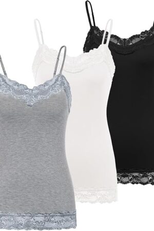 Women's Adjustable Spaghetti Strap Lace Trim Cami Tunic Tank Top 3PACK