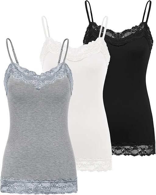Women's Adjustable Spaghetti Strap Lace Trim Cami Tunic Tank Top 3PACK